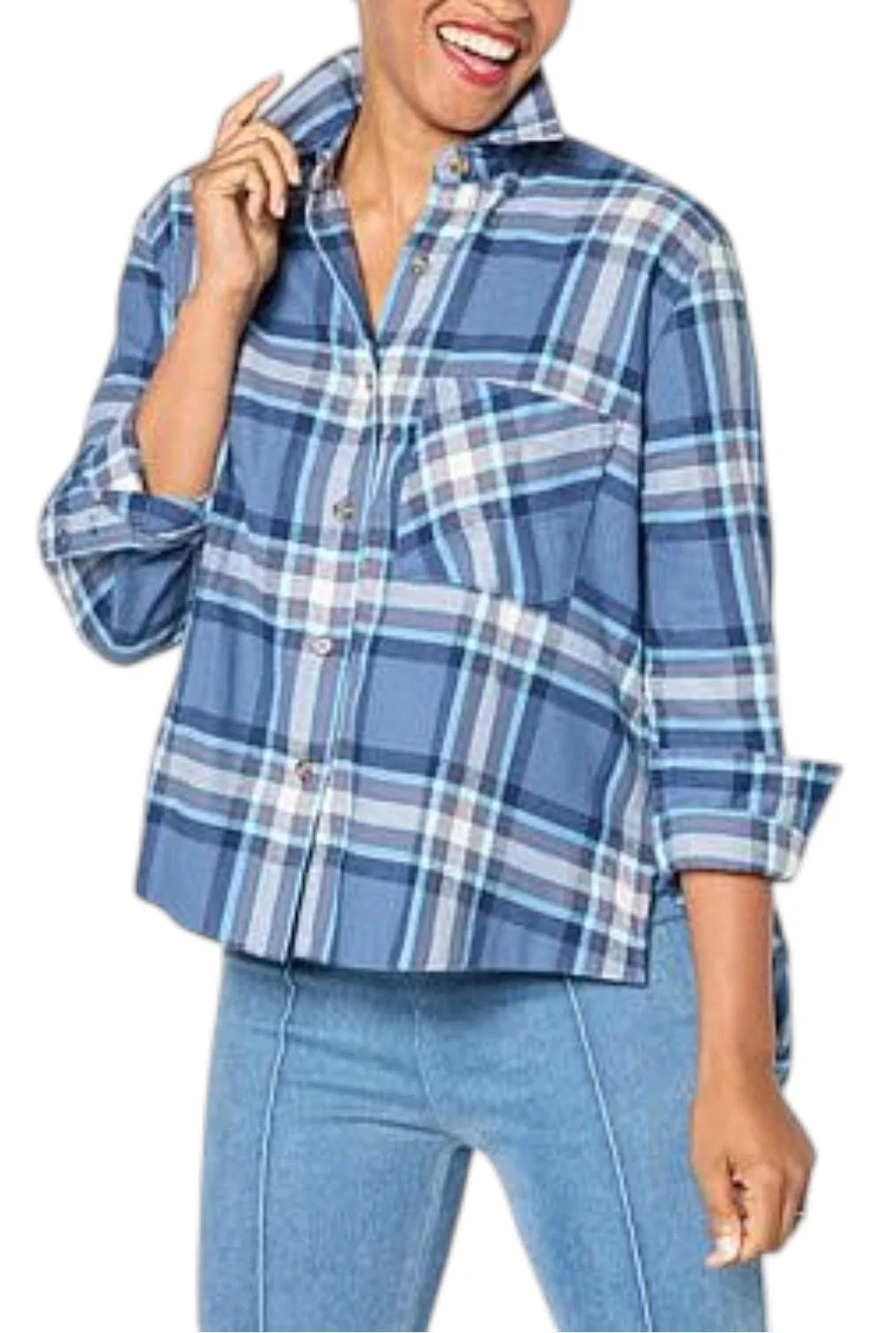 HUE Women's Plaid Flannel Button Down Hi Low Hem Shirt Indigo - Regular